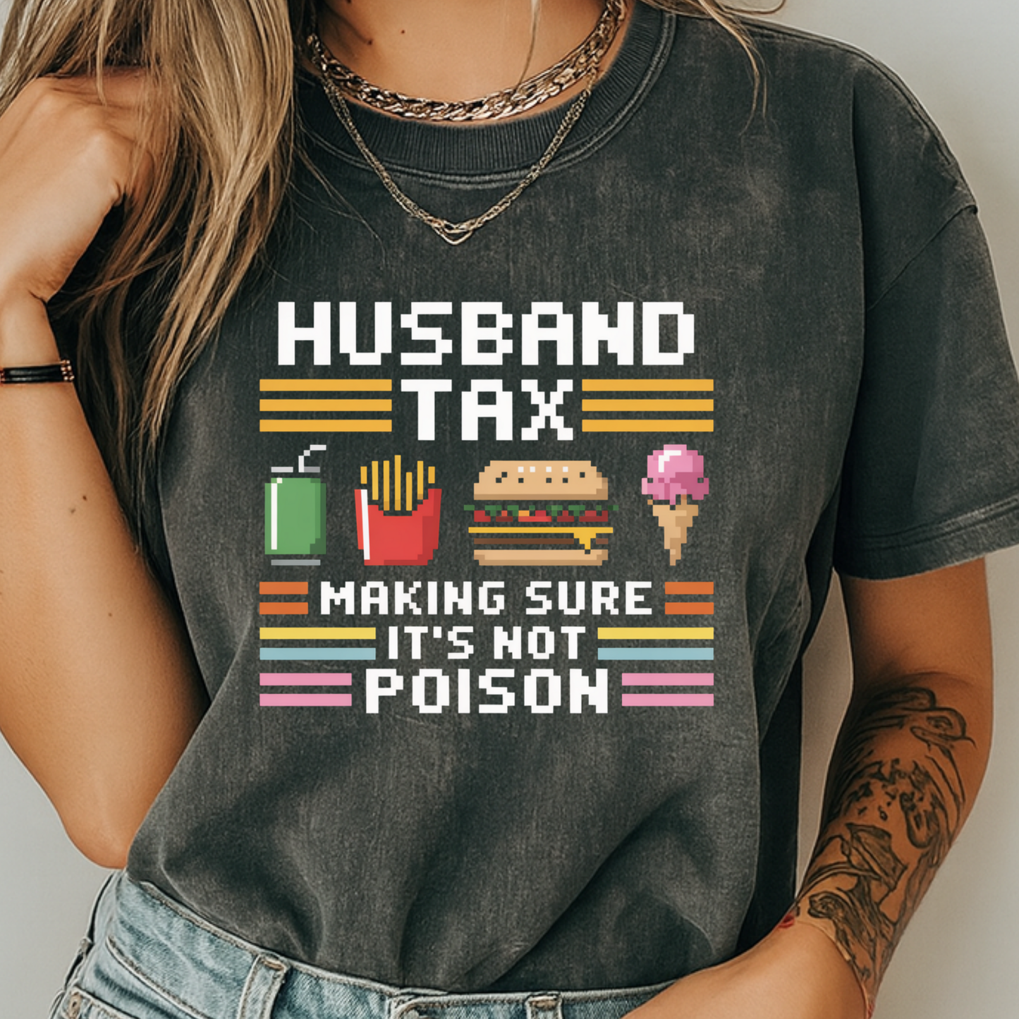 Husband Tax Funny Gamer T-Shirt Retro Pixel Art Food Graphic Comfort Colors 1717 Dad Tee