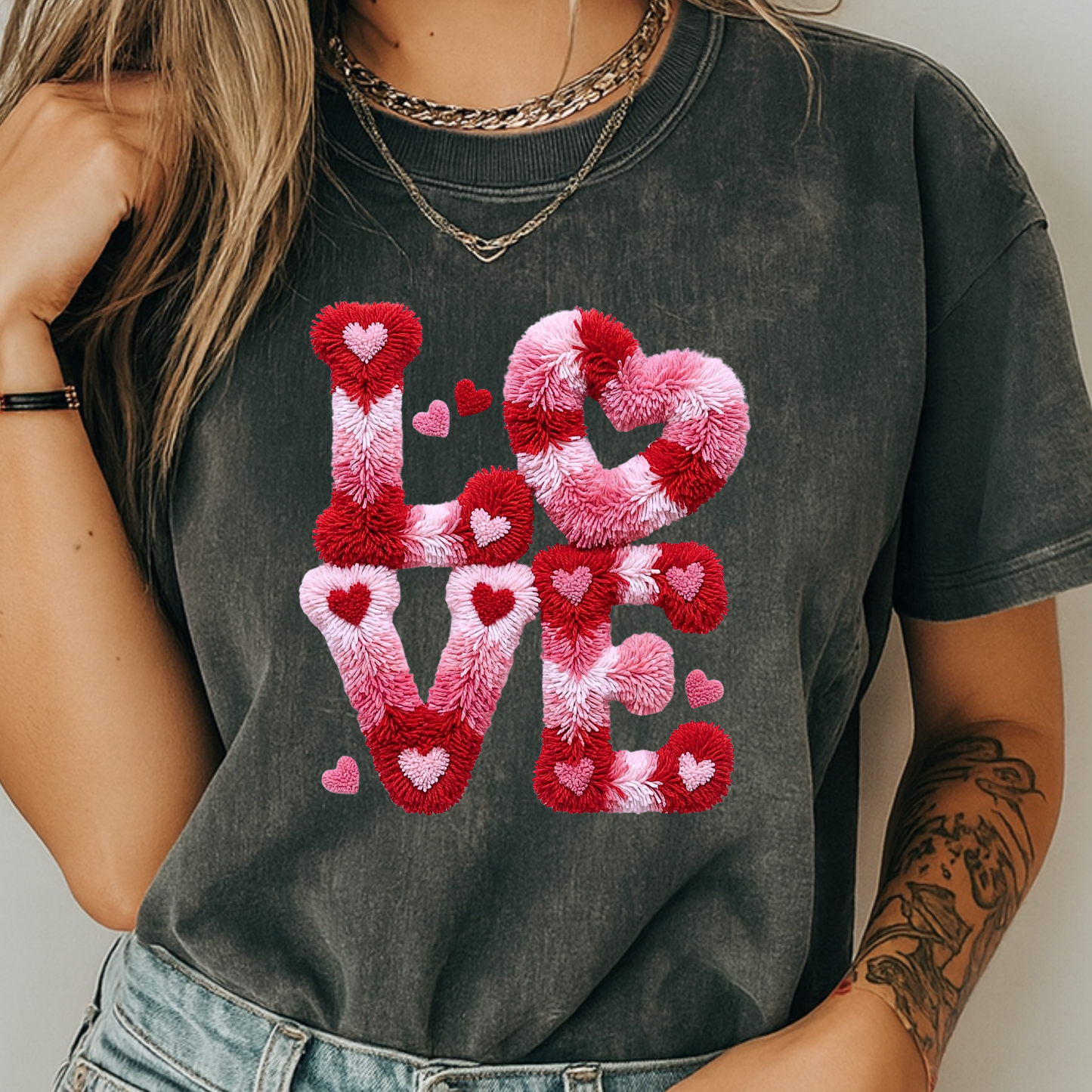 Love Hearts Faux Embroidery T-Shirt | Pink Tufted Chenille Graphic | Comfort Colors 1717 Valentine's Tee