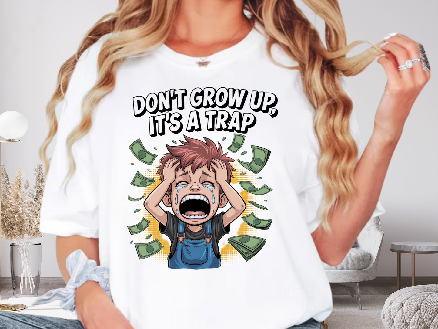 Don't Grow Up It's A Trap Funny Adulting T-Shirt | Crying Boy & Money Graphic | Comfort Colors 1717 Relatable Tee