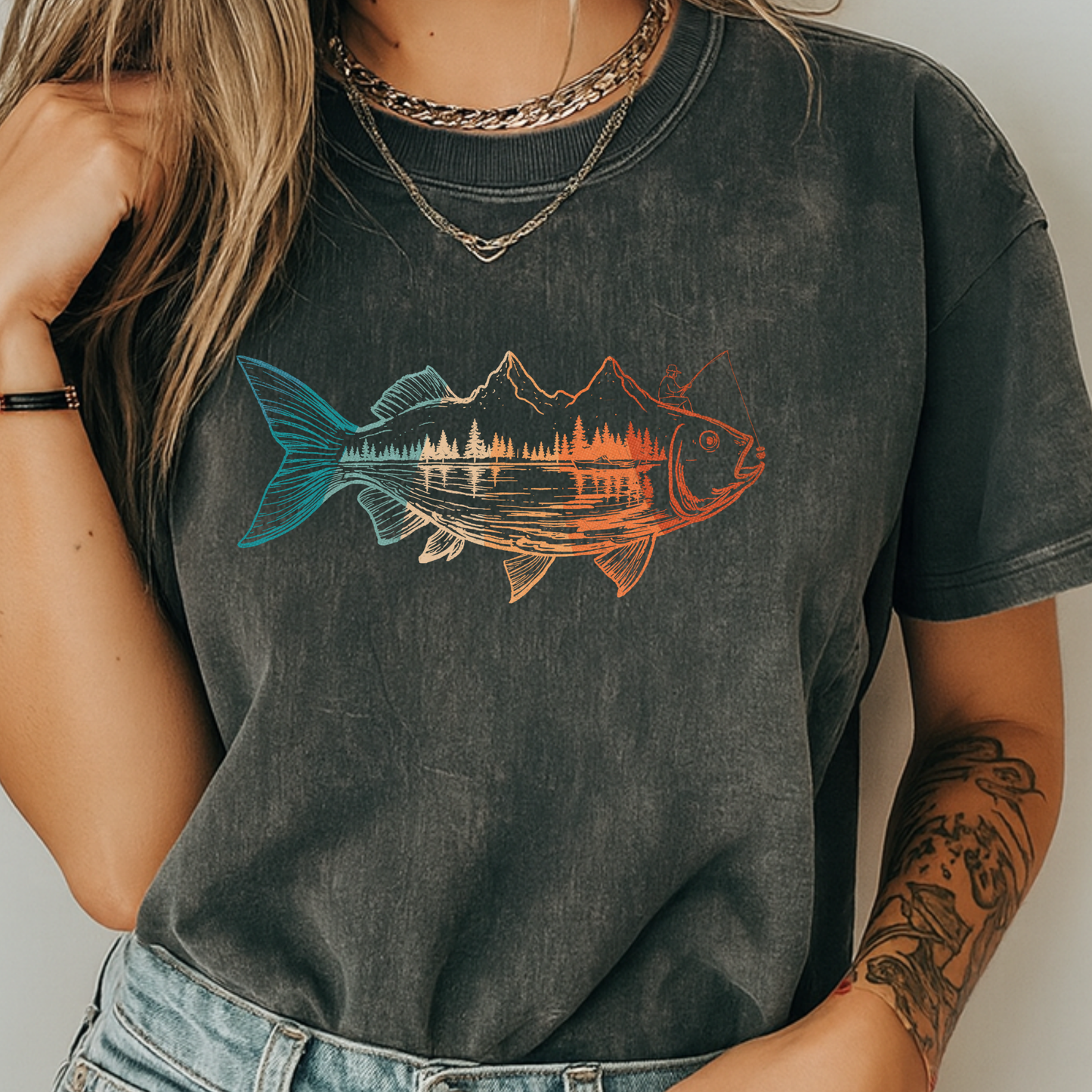 Fishing Mountain Double Exposure T-Shirt Trout Landscape Graphic Comfort Colors 1717 Outdoors Tee