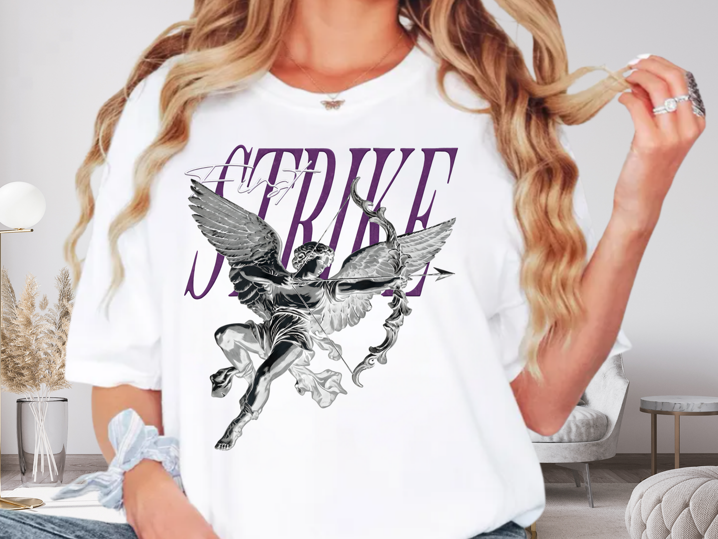 Y2K Chrome Angel Graphic T-Shirt - "First Strike" Cupid Streetwear Tee - Vintage Wash