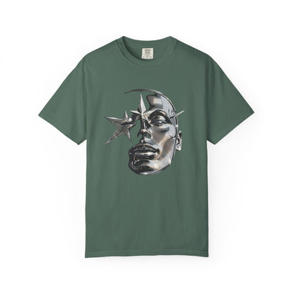 Cyber Y2K Chrome Face Graphic T-Shirt | Futuristic Liquid Metal Stars | Comfort Colors T-shirt
