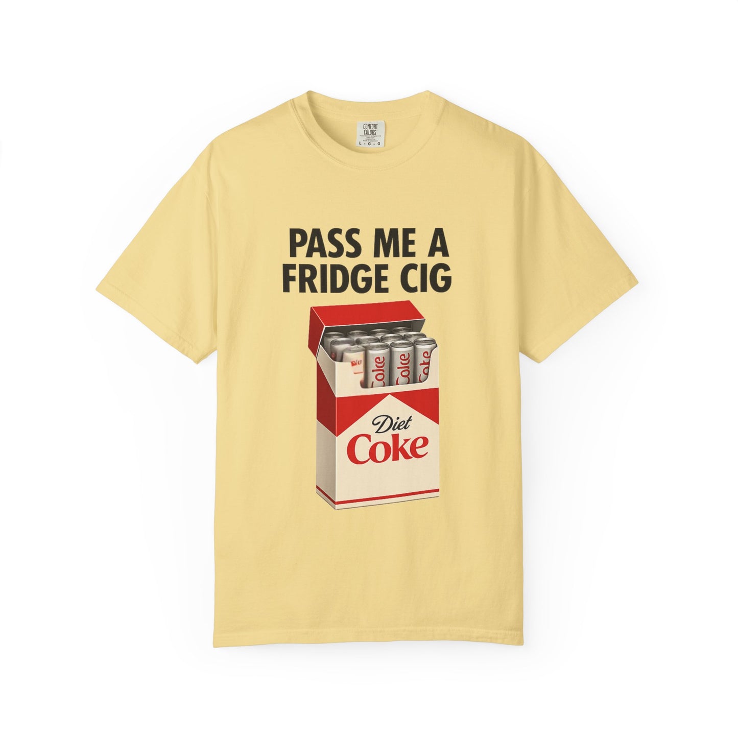 Pass Me A Fridge Cig T-Shirt | Funny Diet Coke Cigarette Pack Graphic Tee | Ironic Meme Shirt for Soda Lovers