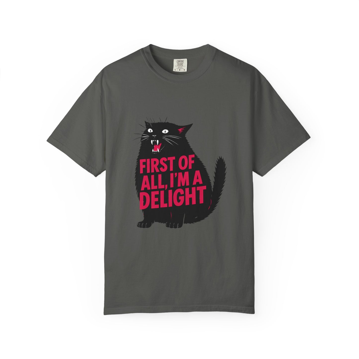 First Of All I'm A Delight T-Shirt | Sassy Screaming Black Cat Graphic Tee | Funny Sarcastic Cat Mom Gift