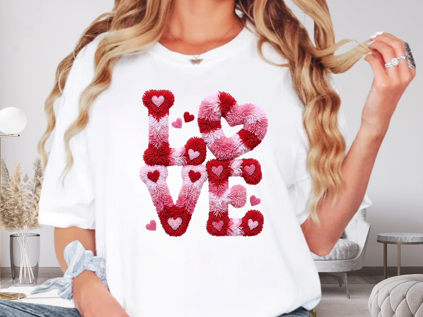 Love Hearts Faux Embroidery T-Shirt | Pink Tufted Chenille Graphic | Comfort Colors 1717 Valentine's Tee