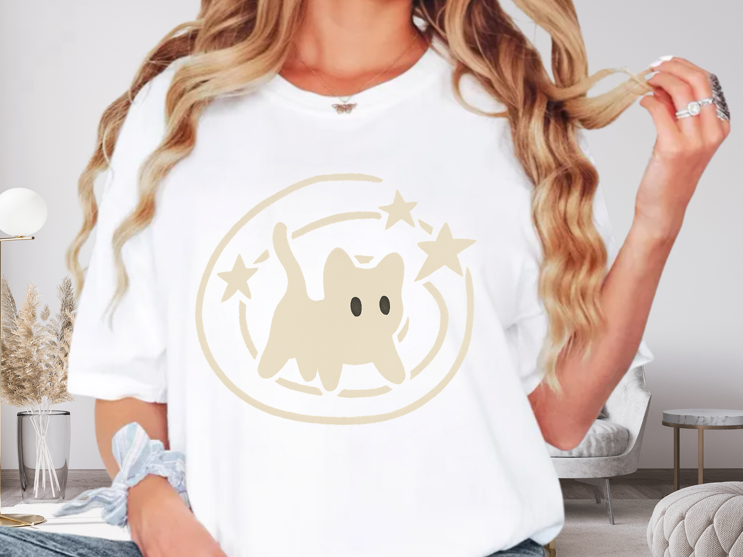 Celestial Cat & Stars Minimalist T-Shirt | Cute Witchy Kitty Graphic | Comfort Colors 1717 Heavyweight Tee