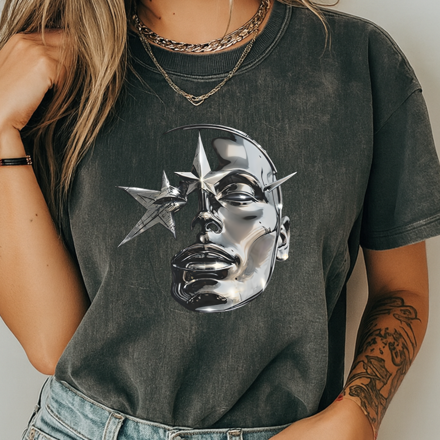 Cyber Y2K Chrome Face Graphic T-Shirt | Futuristic Liquid Metal Stars | Comfort Colors T-shirt