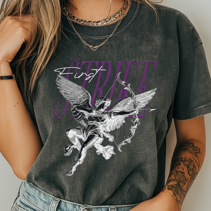 Y2K Chrome Angel Graphic T-Shirt - "First Strike" Cupid Streetwear Tee - Vintage Wash