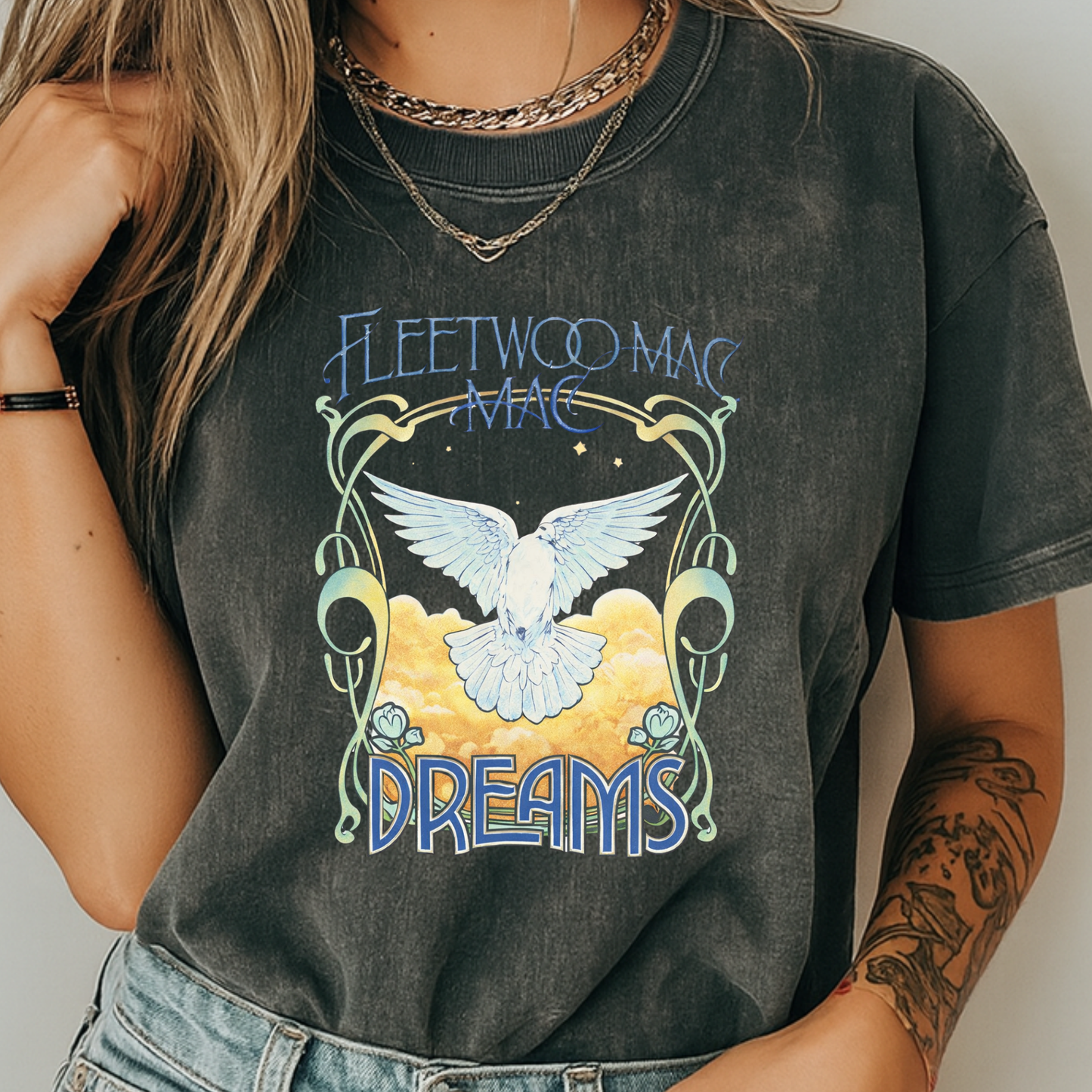Fleetwood Mac Dreams T-Shirt | Art Nouveau White Dove Graphic Tee | Vintage 70s Classic Rock Band Merch