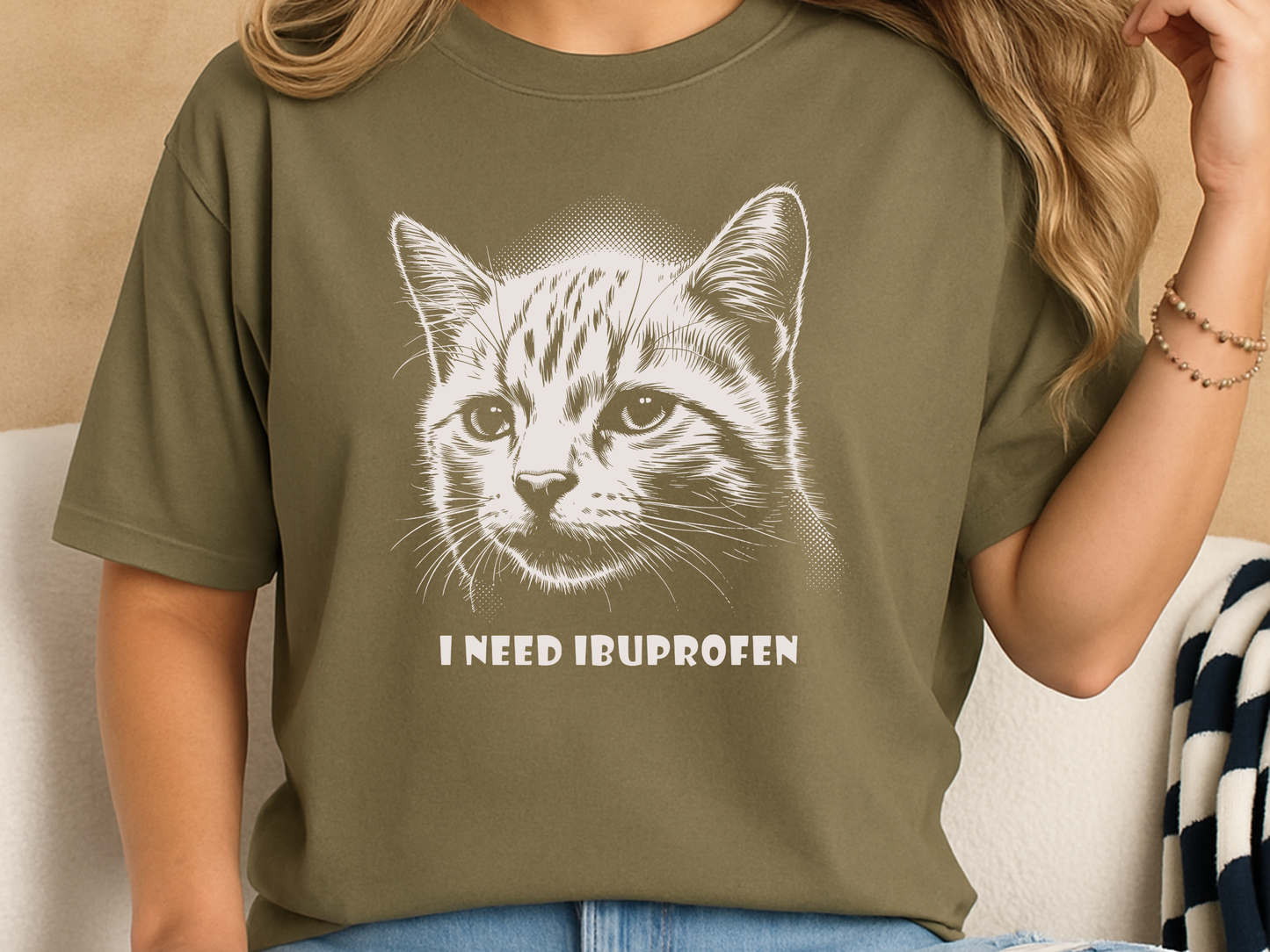 I Need Ibuprofen Funny Cat T-Shirt Headache Humor Graphic Comfort Colors 1717 Tee