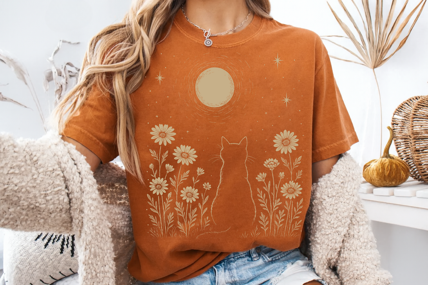 Celestial Cat T-Shirt Moon and Wildflowers Graphic Comfort Colors 1717 Boho Tee