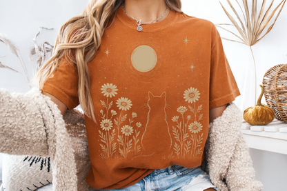Celestial Cat T-Shirt Moon and Wildflowers Graphic Comfort Colors 1717 Boho Tee