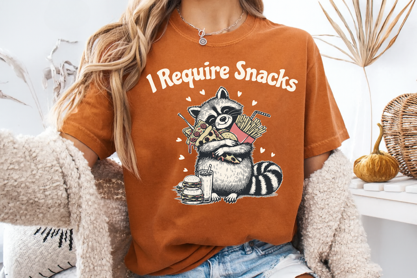 I Require Snacks Funny Raccoon T-Shirt Pizza Fries Graphic Comfort Colors 1717 Tee