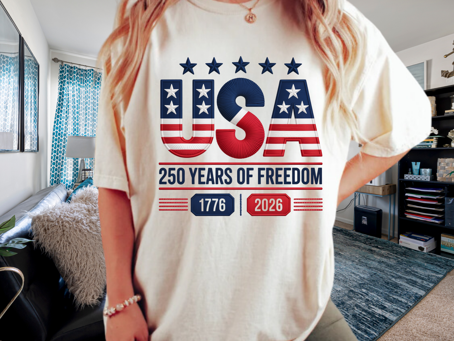 USA 250 Years Faux Embroidery T-Shirt | 1776-2026 Patriotic Stitched Graphic | Comfort Colors 1717 Tee