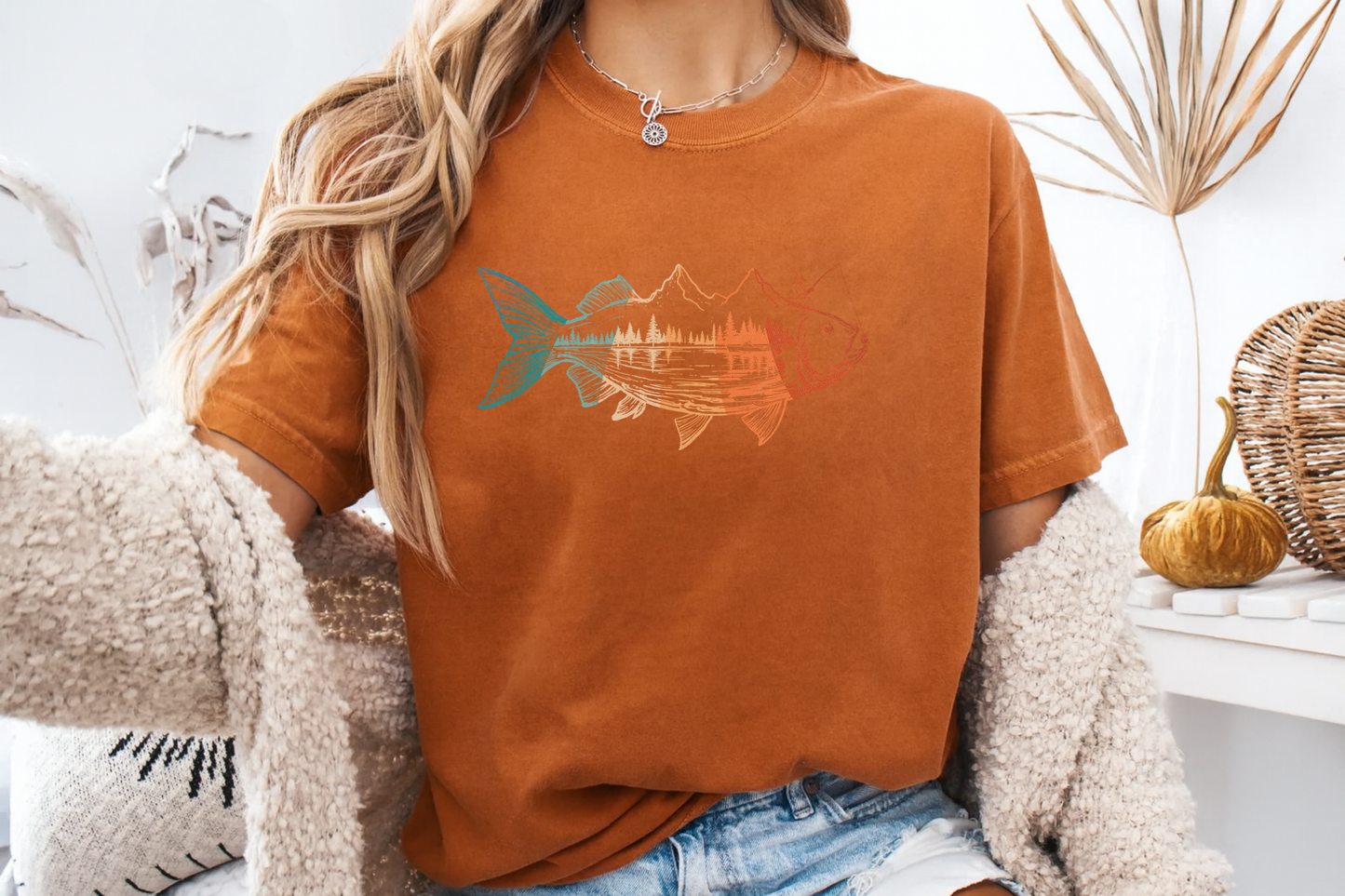 Fishing Mountain Double Exposure T-Shirt Trout Landscape Graphic Comfort Colors 1717 Outdoors Tee