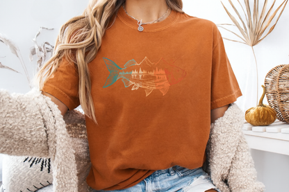 Fishing Mountain Double Exposure T-Shirt Trout Landscape Graphic Comfort Colors 1717 Outdoors Tee