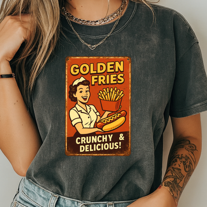 Golden Fries Retro Diner T-Shirt | Vintage Waitress & Hot Dog Graphic | Comfort Colors 1717 Tee