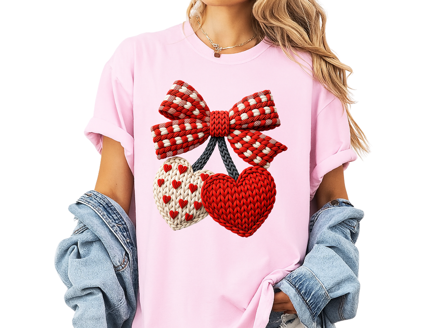 Valentine Faux Crochet Hearts T-Shirt – Knitted Heart Bow Love Graphic | Comfort Colors 1717