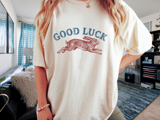 Good Luck Rabbit Graphic T-Shirt – Vintage Folk Art Hare | Comfort Colors 1717 Unisex Tee