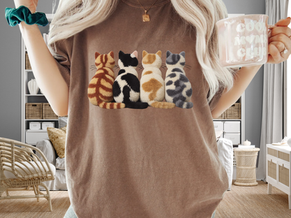 Four Cats Faux Embroidery T-Shirt Funny Cat Mom Graphic Comfort Colors 1717 Tee