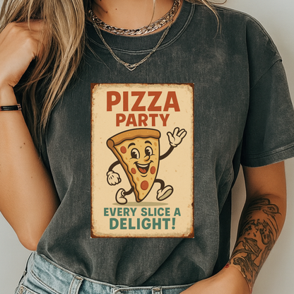 Pizza Party Vintage Mascot T-Shirt | Retro Cartoon Slice Graphic | Comfort Colors 1717 Heavyweight Tee