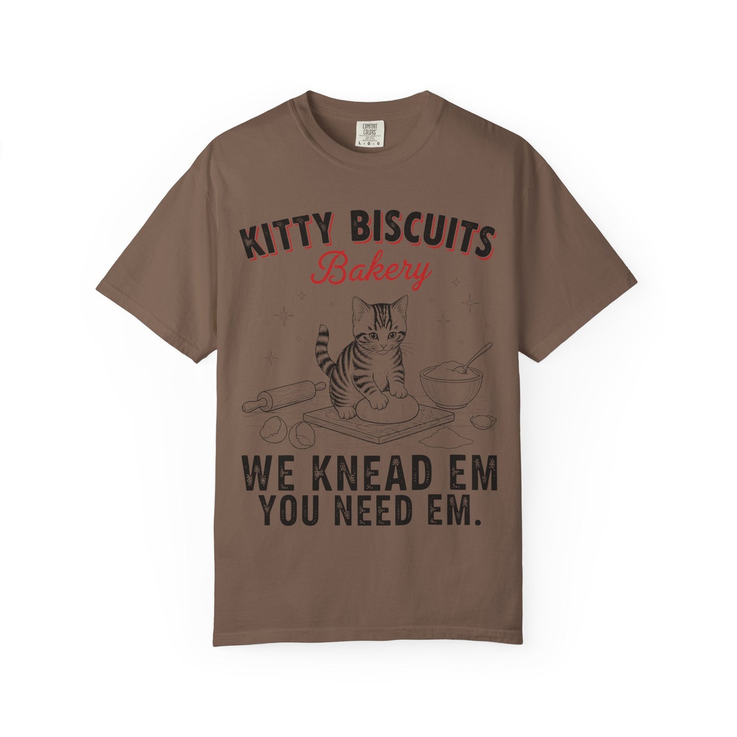 Funny 'Kitty Biscuits Bakery' T-Shirt | Cute Cat Kneading Dough Tee | Comfort Colors® 1717