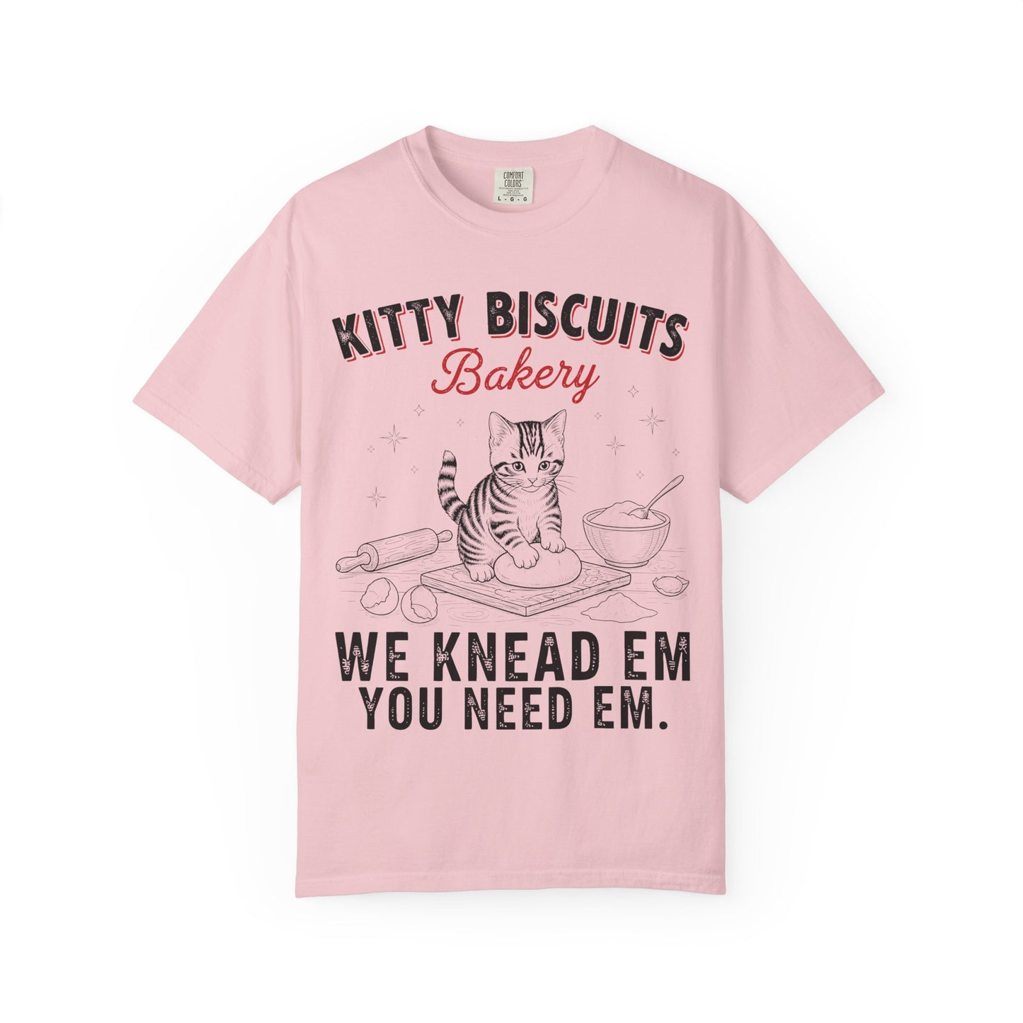Funny 'Kitty Biscuits Bakery' T-Shirt | Cute Cat Kneading Dough Tee | Comfort Colors® 1717