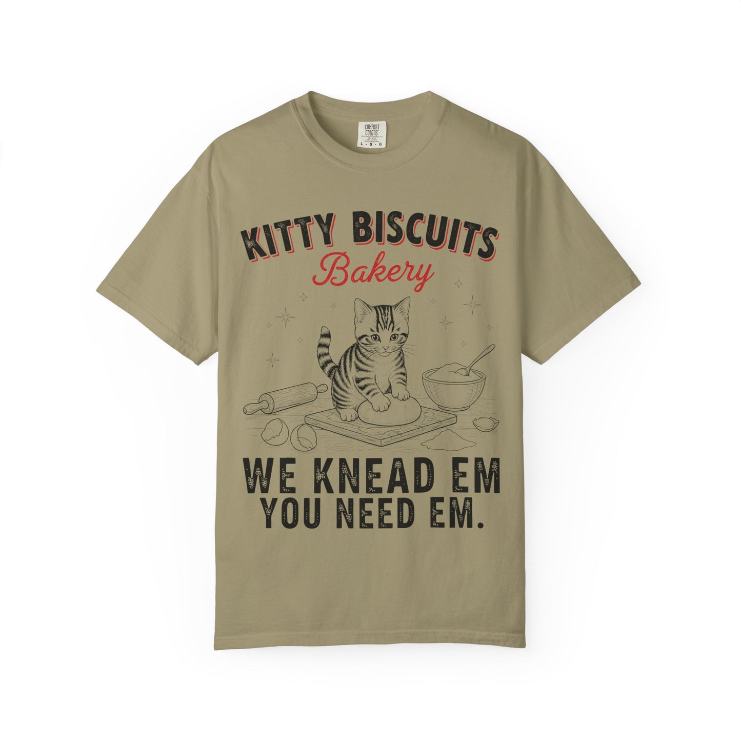 Funny 'Kitty Biscuits Bakery' T-Shirt | Cute Cat Kneading Dough Tee | Comfort Colors® 1717