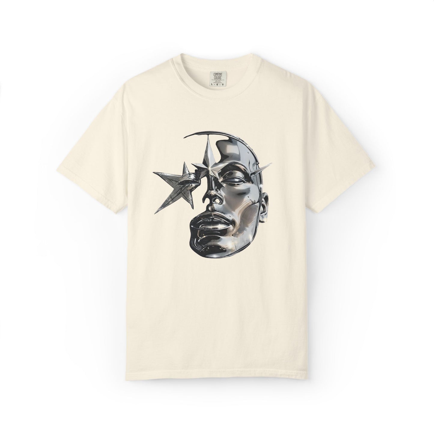 Cyber Y2K Chrome Face Graphic T-Shirt | Futuristic Liquid Metal Stars | Comfort Colors T-shirt