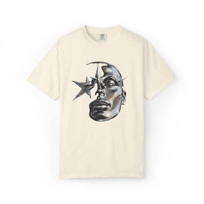 Cyber Y2K Chrome Face Graphic T-Shirt | Futuristic Liquid Metal Stars | Comfort Colors T-shirt