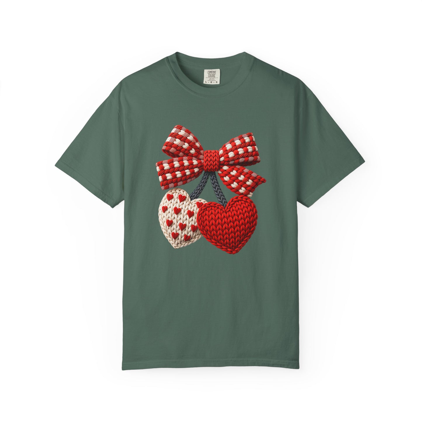 Valentine Faux Crochet Hearts T-Shirt – Knitted Heart Bow Love Graphic | Comfort Colors 1717