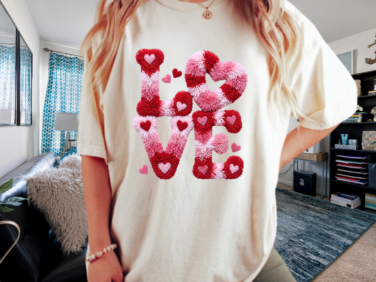 Love Hearts Faux Embroidery T-Shirt | Pink Tufted Chenille Graphic | Comfort Colors 1717 Valentine's Tee