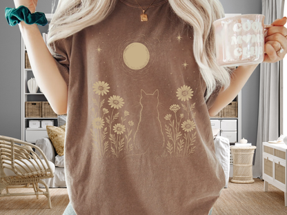 Celestial Cat T-Shirt Moon and Wildflowers Graphic Comfort Colors 1717 Boho Tee