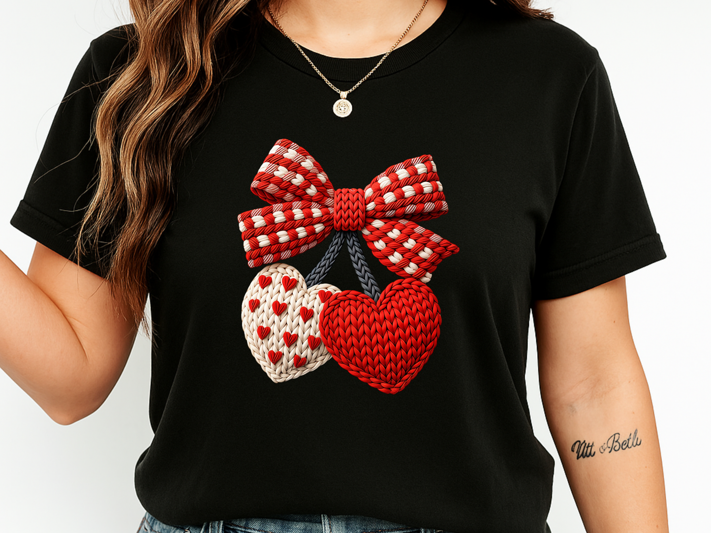 Valentine Faux Crochet Hearts T-Shirt – Knitted Heart Bow Love Graphic | Comfort Colors 1717