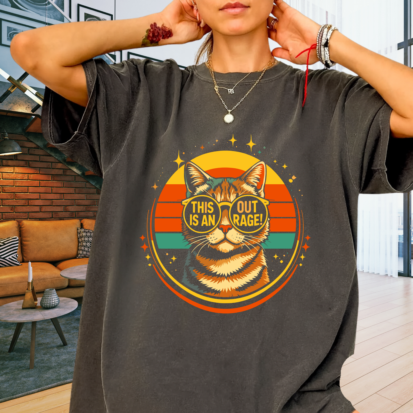 This Is An Outrage Funny Cat T-Shirt | Retro Tabby with Glasses | Comfort Colors 1717 Vintage Tee