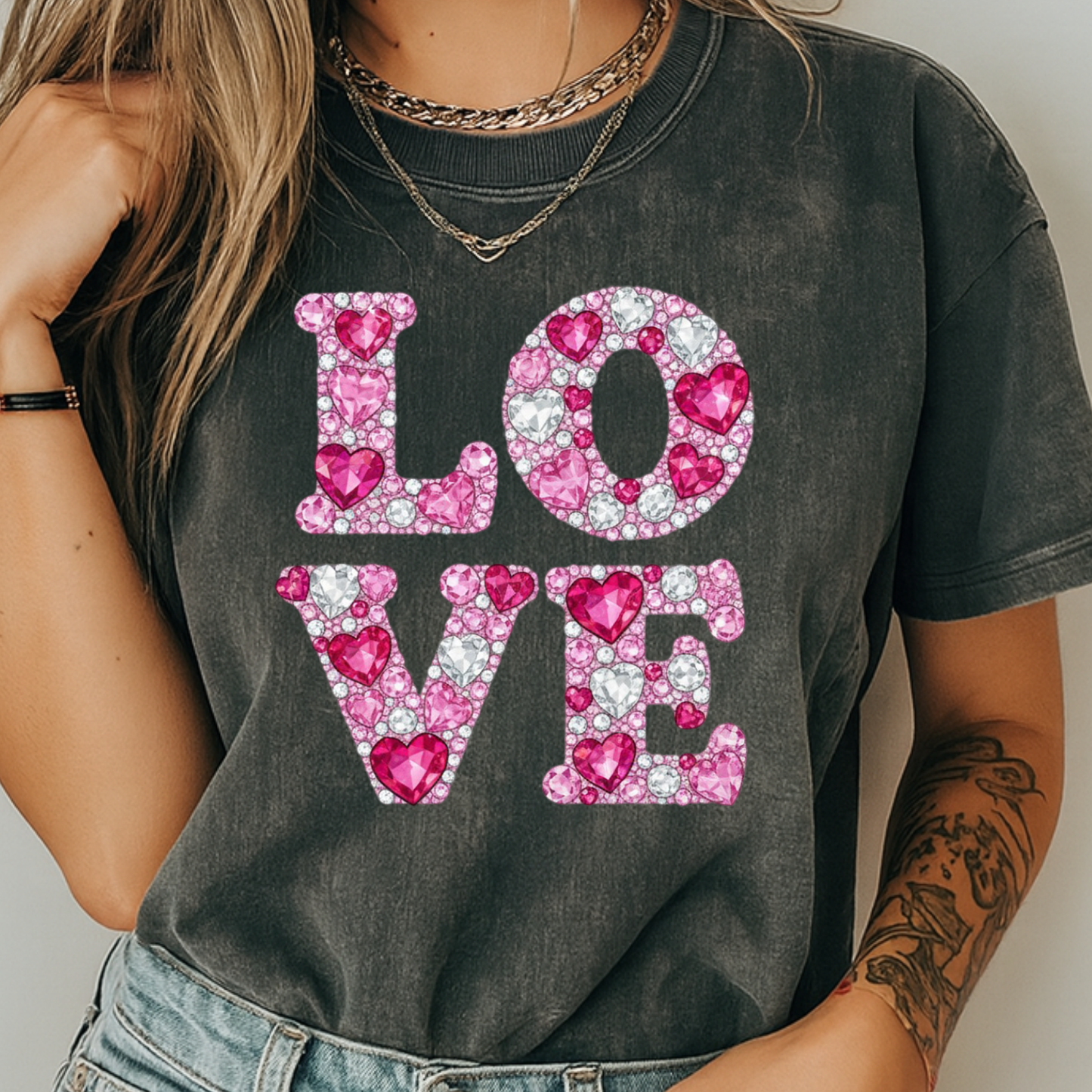 Love Faux Rhinestone T-Shirt Y2K Bling Graphic Comfort Colors 1717 Valentines Tee