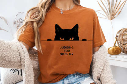 Judging You Silently Funny Cat T-Shirt Minimalist Peeking Graphic Comfort Colors 1717 Tee