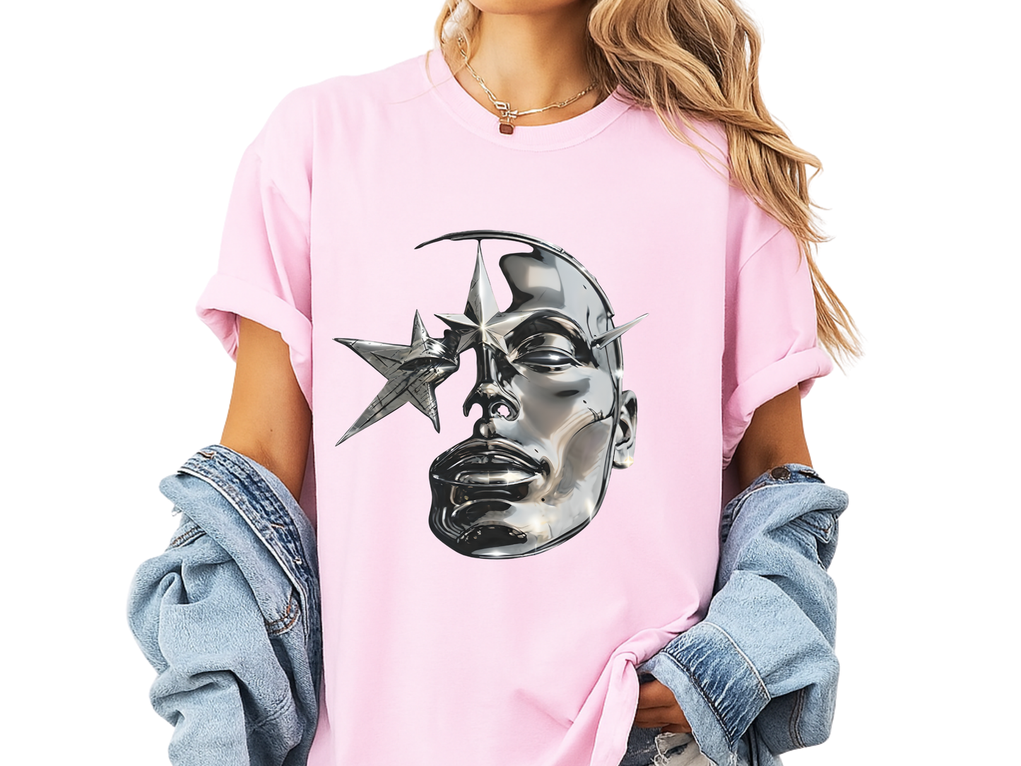 Cyber Y2K Chrome Face Graphic T-Shirt | Futuristic Liquid Metal Stars | Comfort Colors T-shirt