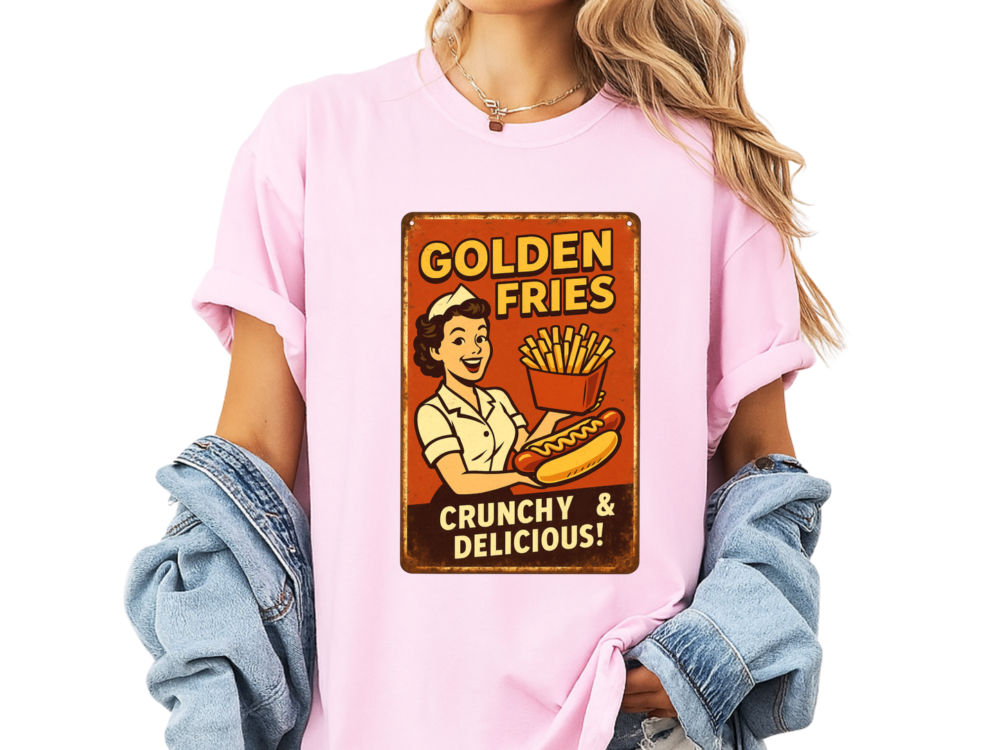 Golden Fries Retro Diner T-Shirt | Vintage Waitress & Hot Dog Graphic | Comfort Colors 1717 Tee