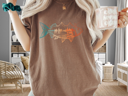 Fishing Mountain Double Exposure T-Shirt Trout Landscape Graphic Comfort Colors 1717 Outdoors Tee
