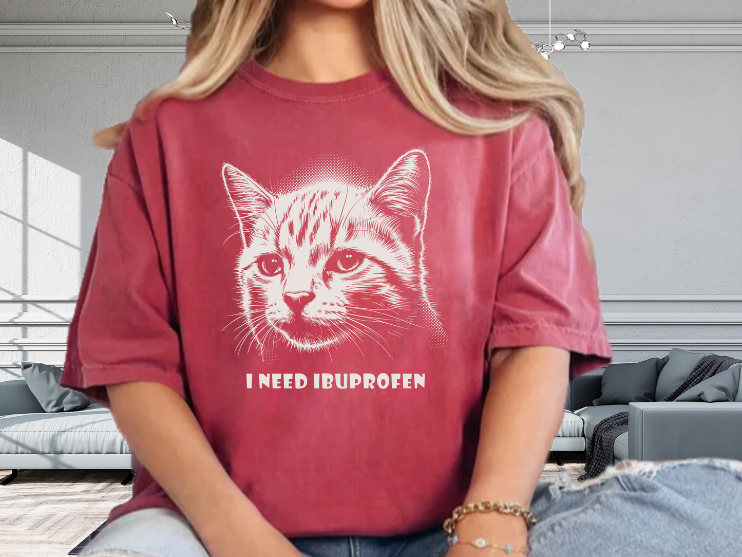 I Need Ibuprofen Funny Cat T-Shirt Headache Humor Graphic Comfort Colors 1717 Tee