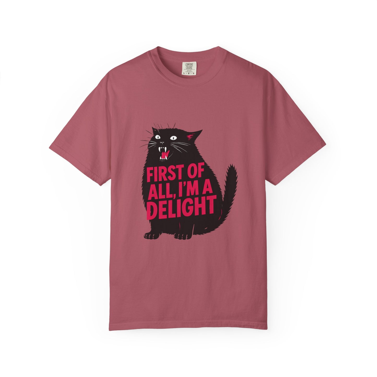 First Of All I'm A Delight T-Shirt | Sassy Screaming Black Cat Graphic Tee | Funny Sarcastic Cat Mom Gift