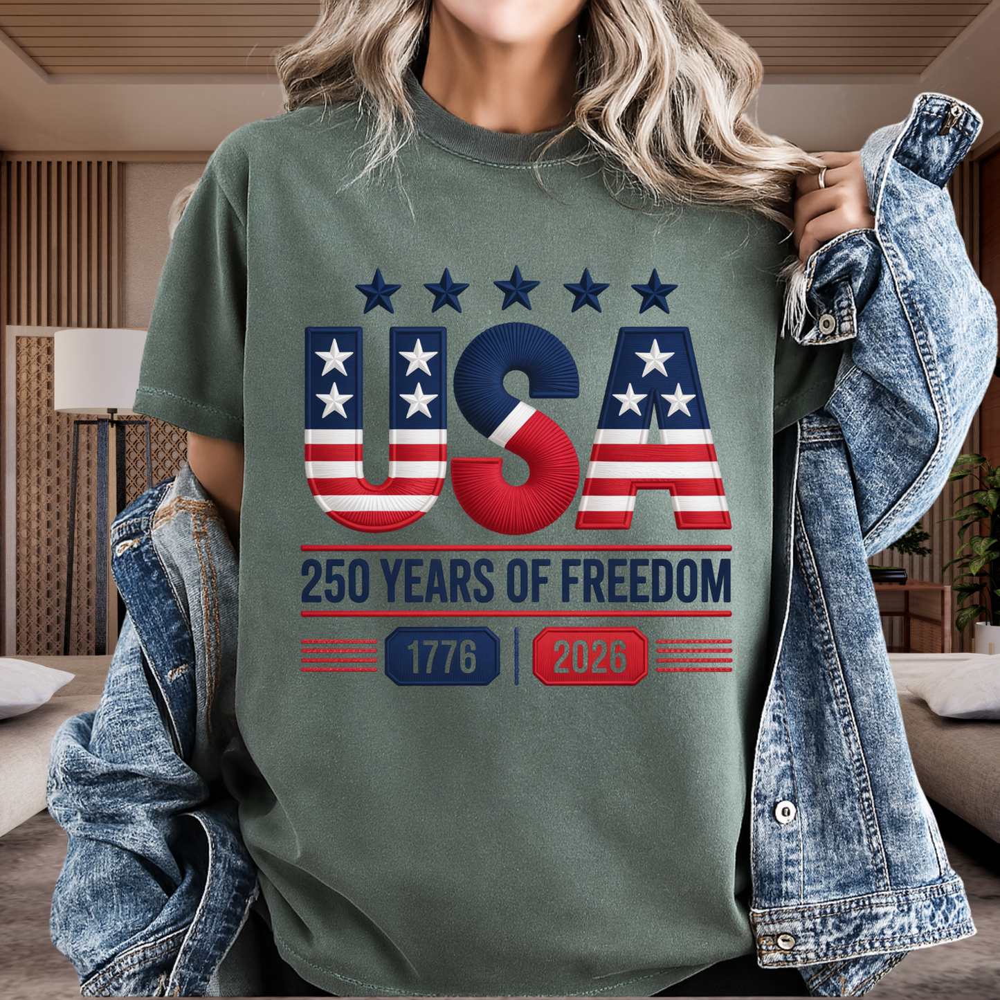 USA 250 Years Faux Embroidery T-Shirt | 1776-2026 Patriotic Stitched Graphic | Comfort Colors 1717 Tee