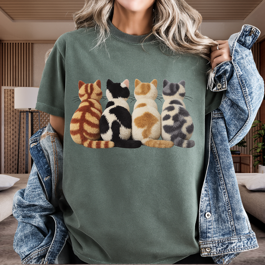 Four Cats Faux Embroidery T-Shirt Funny Cat Mom Graphic Comfort Colors 1717 Tee