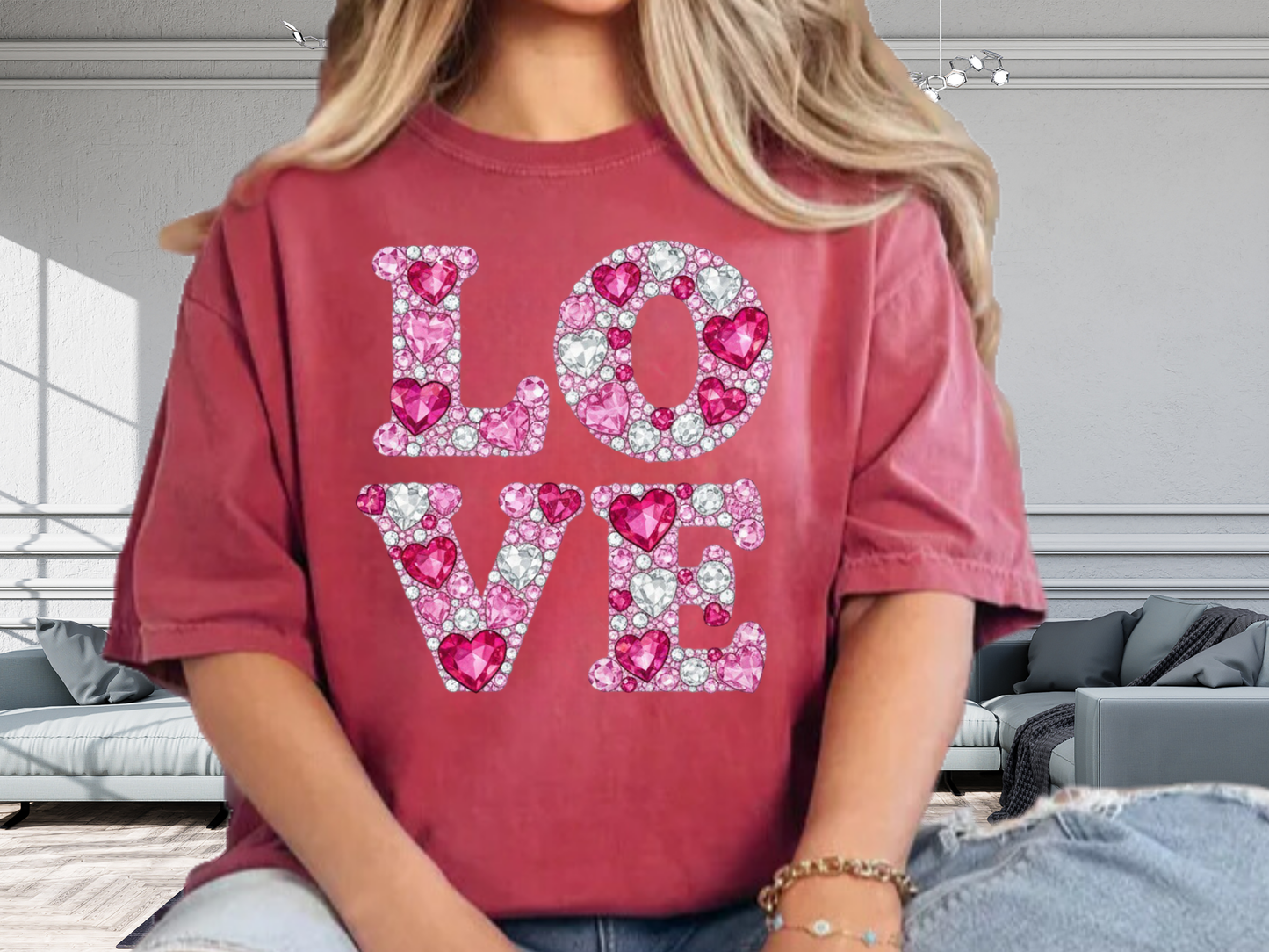 Love Faux Rhinestone T-Shirt Y2K Bling Graphic Comfort Colors 1717 Valentines Tee
