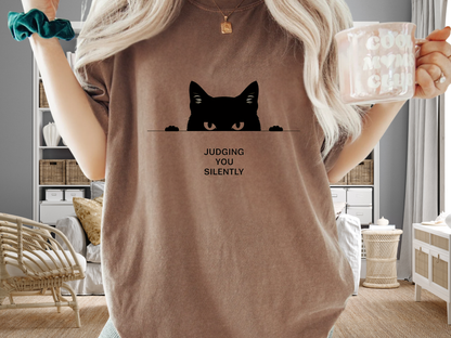Judging You Silently Funny Cat T-Shirt Minimalist Peeking Graphic Comfort Colors 1717 Tee