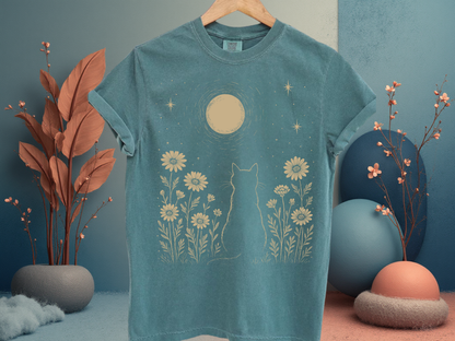 Celestial Cat T-Shirt Moon and Wildflowers Graphic Comfort Colors 1717 Boho Tee
