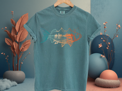 Fishing Mountain Double Exposure T-Shirt Trout Landscape Graphic Comfort Colors 1717 Outdoors Tee