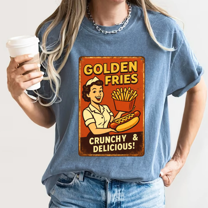Golden Fries Retro Diner T-Shirt | Vintage Waitress & Hot Dog Graphic | Comfort Colors 1717 Tee