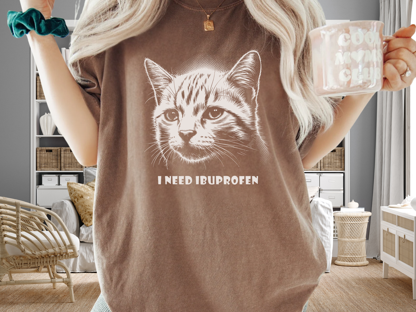 I Need Ibuprofen Funny Cat T-Shirt Headache Humor Graphic Comfort Colors 1717 Tee